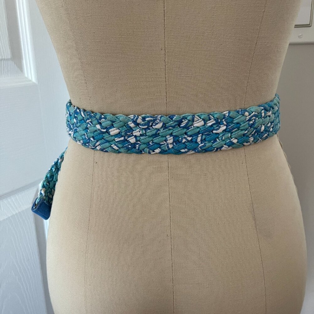 Lilly Pulitzer Woven Braided Cotton Belt Silver O-Ring Buckle Blue White Y2K S - Picture 2 of 5